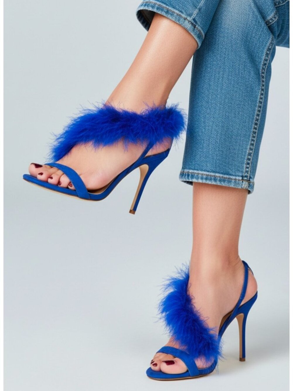 Blue Feathered Open-Toe Stiletto Heels With Side Straps & Faux Suede Finish
